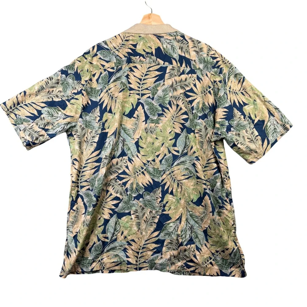 Tori Richard Mens XL Cotton Lawn Tropical Leaf Floral Polo Shirt Navy Short Slv